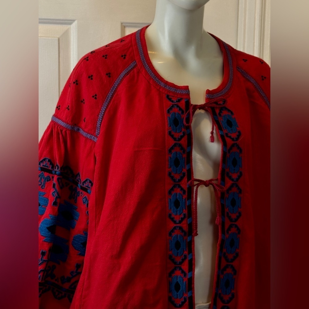 Free People Linen/Cotton Blend Vibrant Red Bohemian Jacket Blue Floral Accents L - Picture 10 of 15